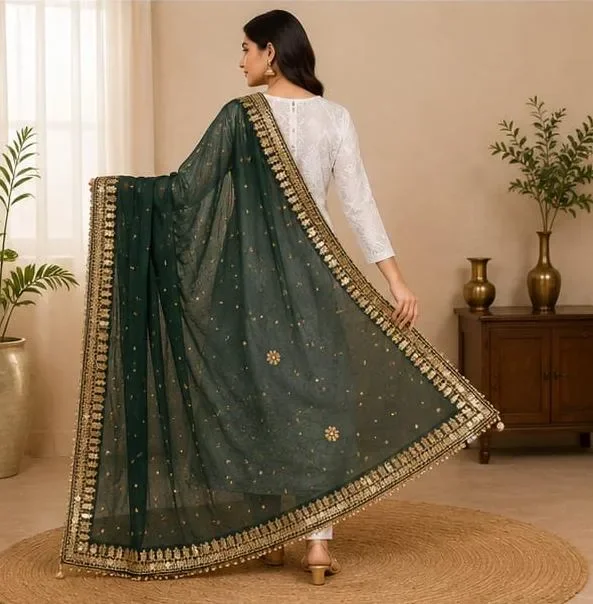 Women's Designer Net Dupatta with Heavy Golden Lace Border